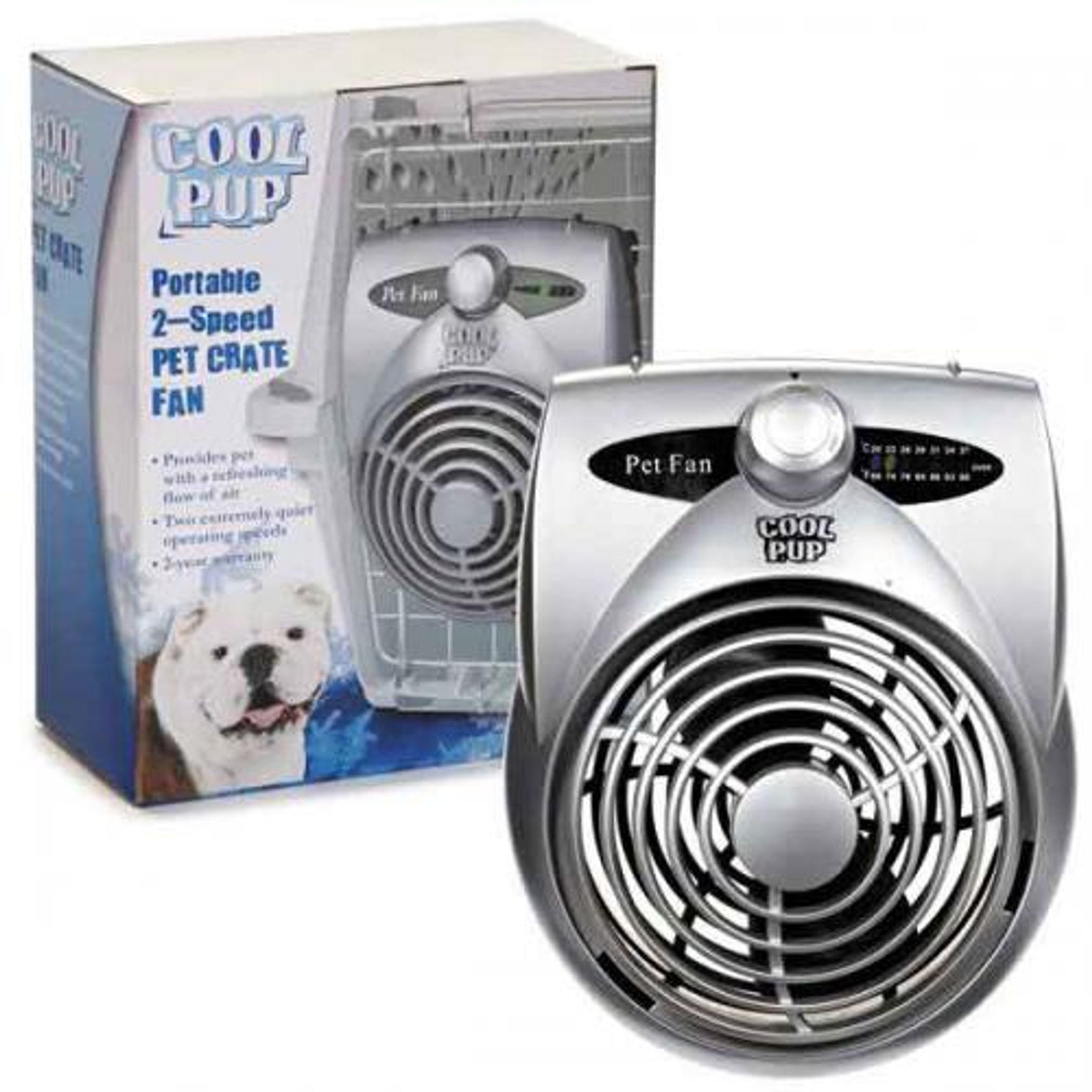 Cool Pup Crate Fan – 2-Speed Pet Cooling Fan with Thermometer, Silver
