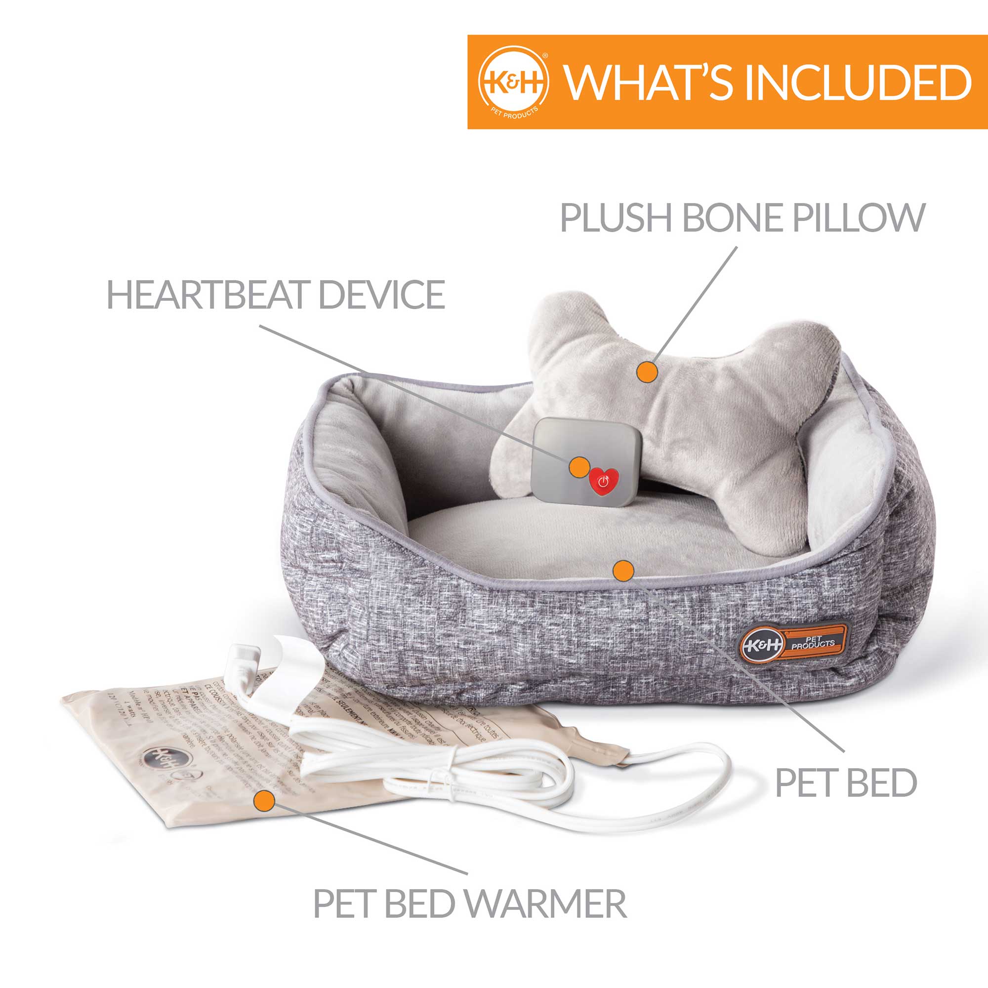K&H Mother's Heartbeat Heated Puppy Bed with Bone Pillow - Large Gray