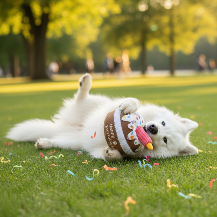 PawFete │ Plush Dog Birthday Cake Toy with Built In Squeaker