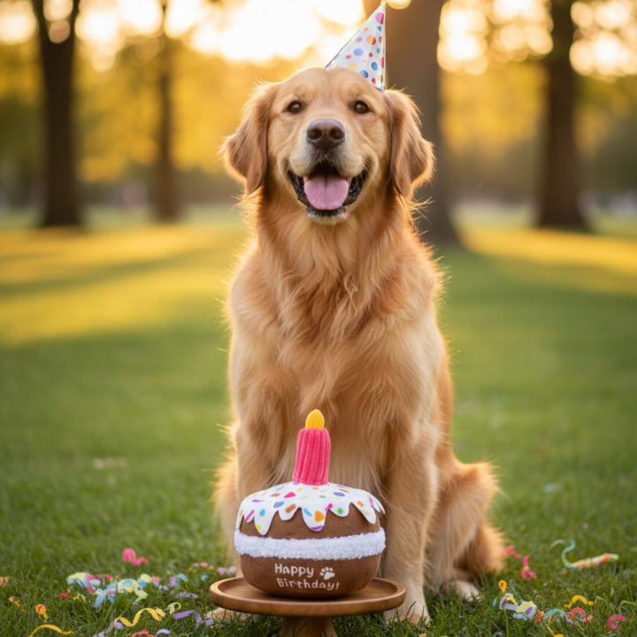PawFete │ Plush Dog Birthday Cake Toy with Built In Squeaker