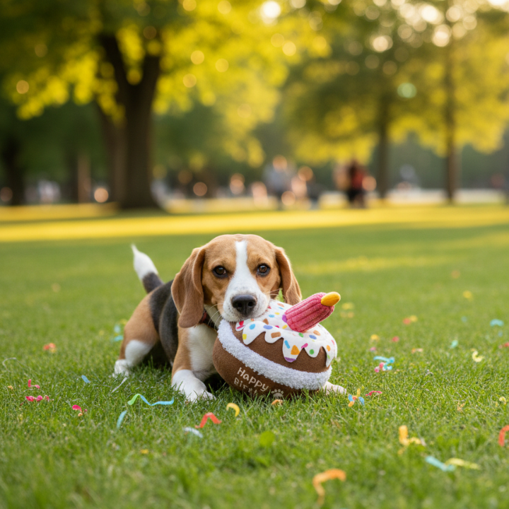 PawFete │ Plush Dog Birthday Cake Toy with Built In Squeaker