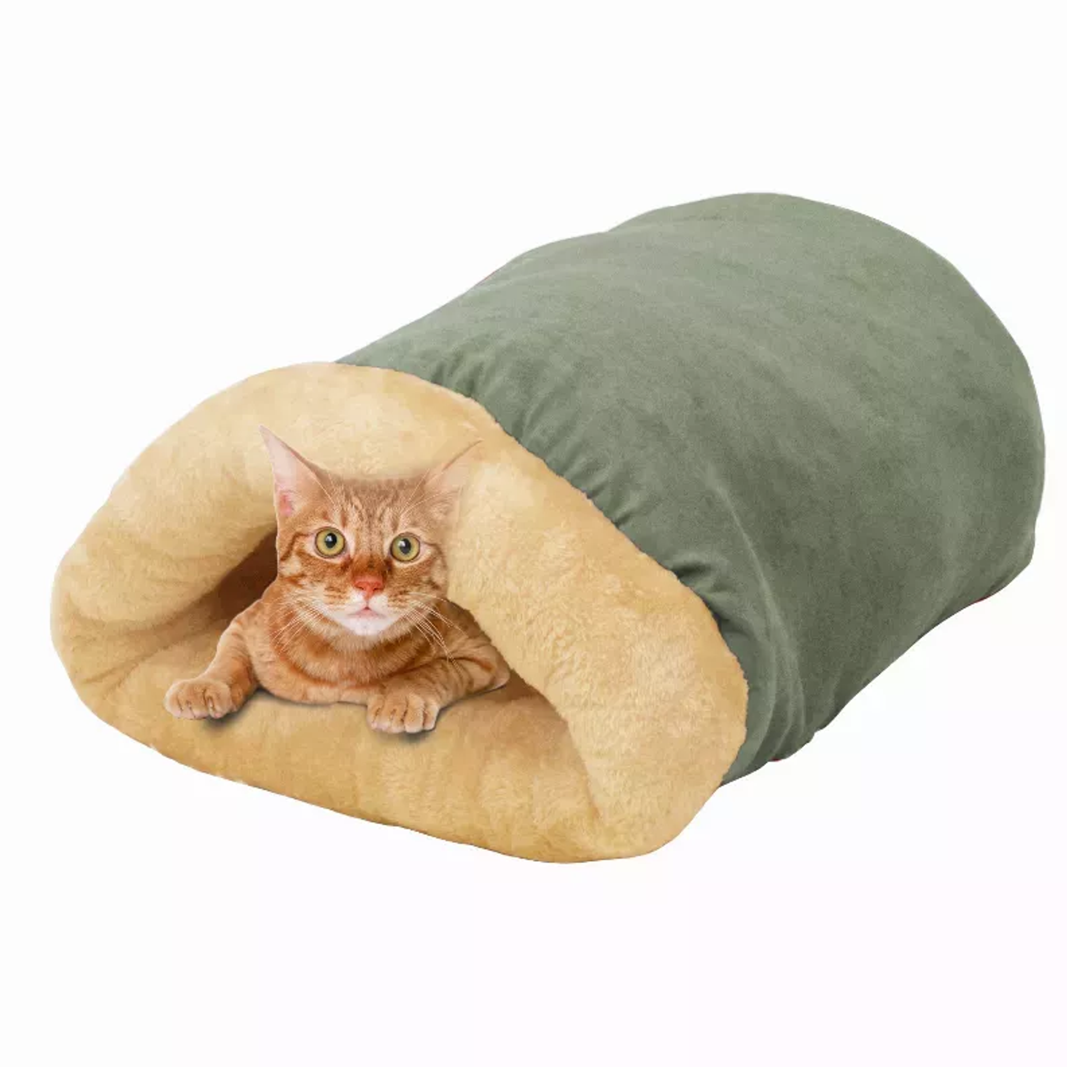 GOOPAWS 4-in-1 Self Warming Cat Bed Cave | Sage Green Faux Suede Nest